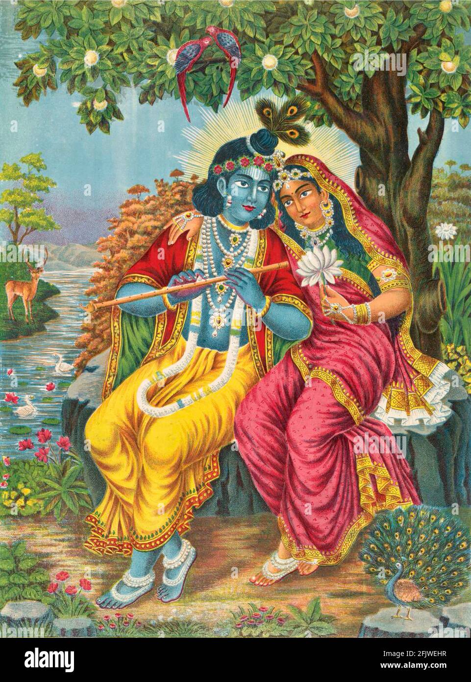 Krishna and Radha - Lovebirds - Vintage Indian artwork. Stock Photo