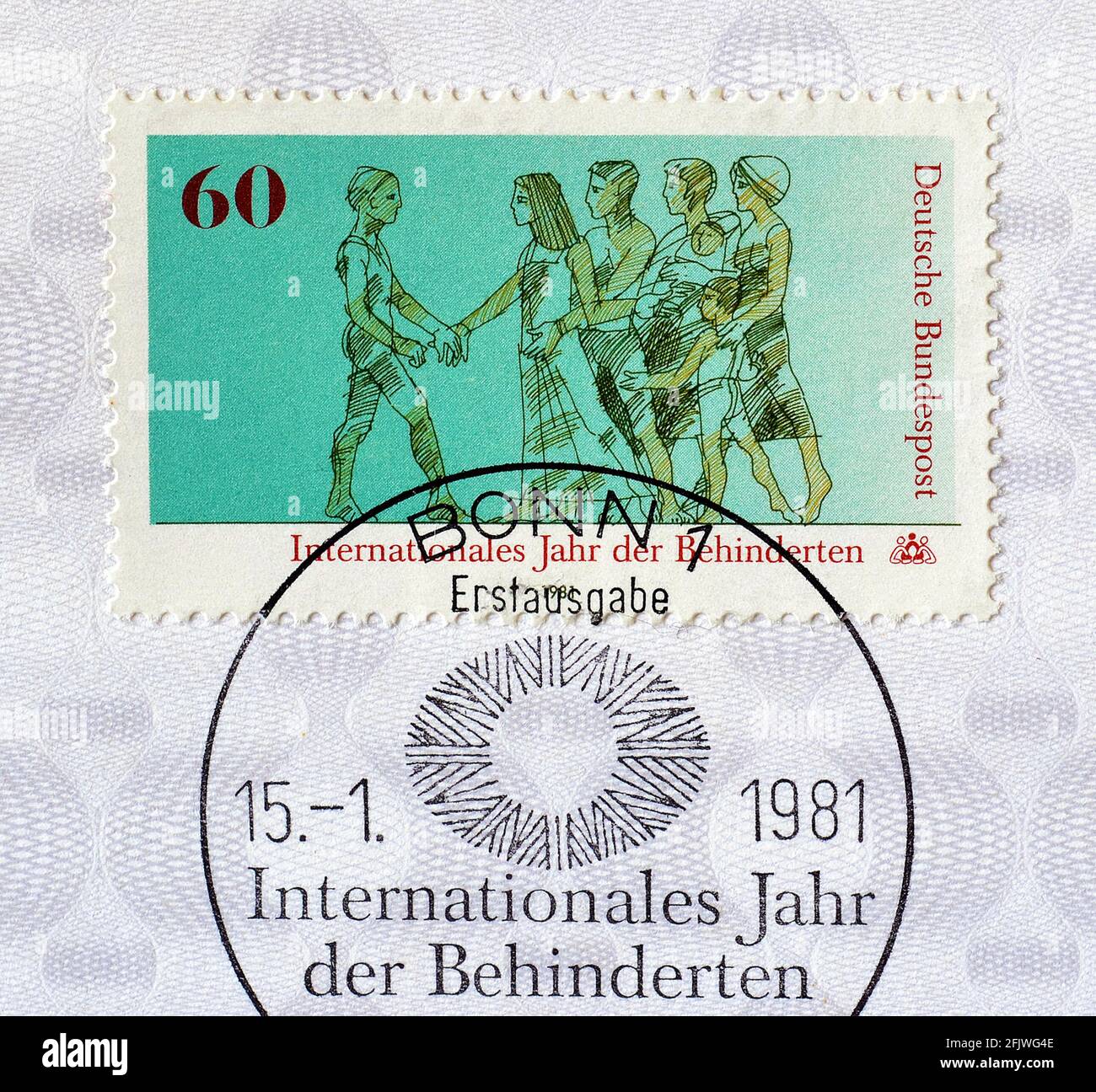 Cancelled Postage stamp printed by Germany, that shows Disabled and healthy people walking together, circa 1981. Stock Photo