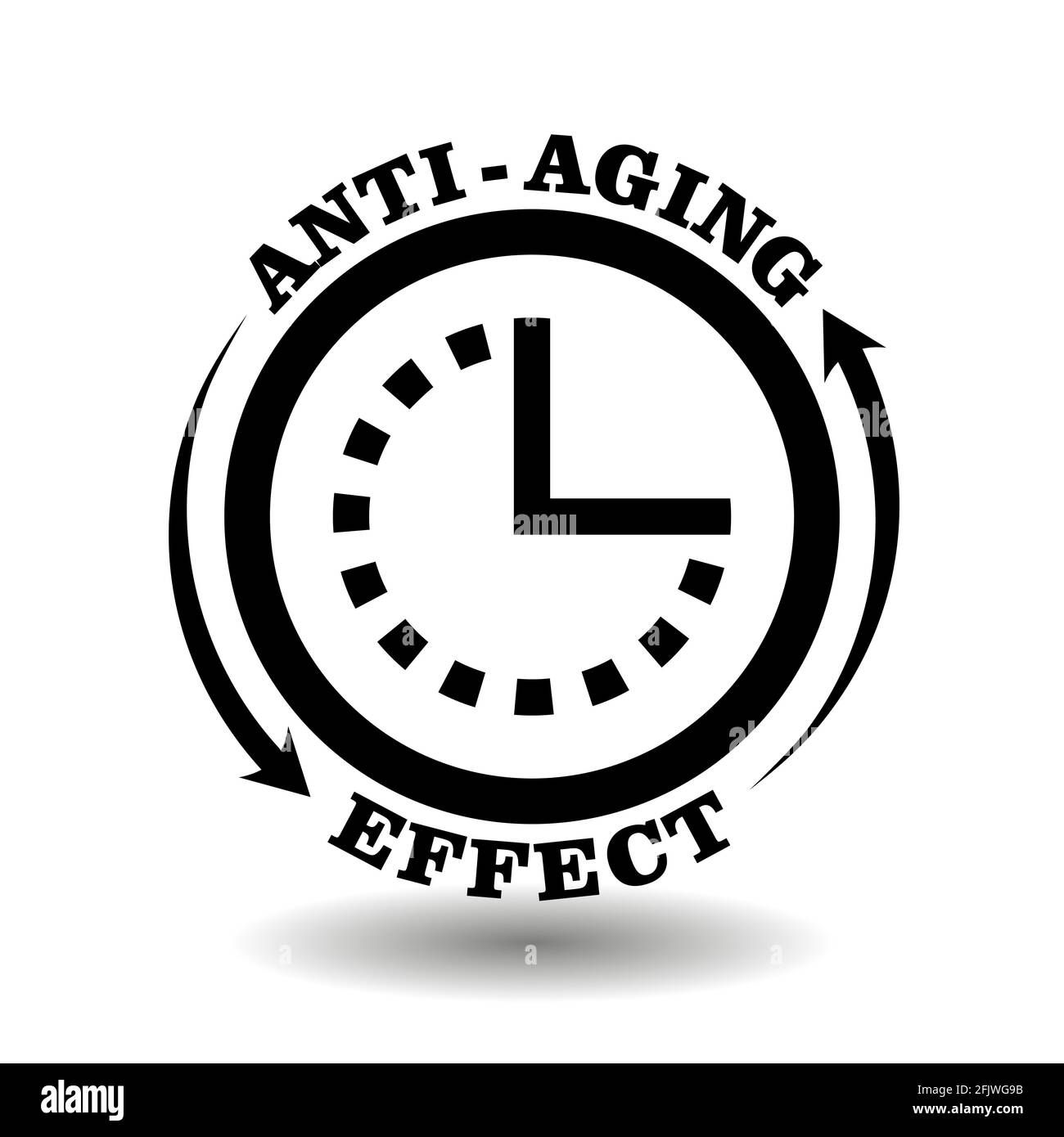 Round creative logo for Anti-aging effect cosmetics packaging. Anti age chemical complex symbol with circle clock icon isolated on white Stock Vector