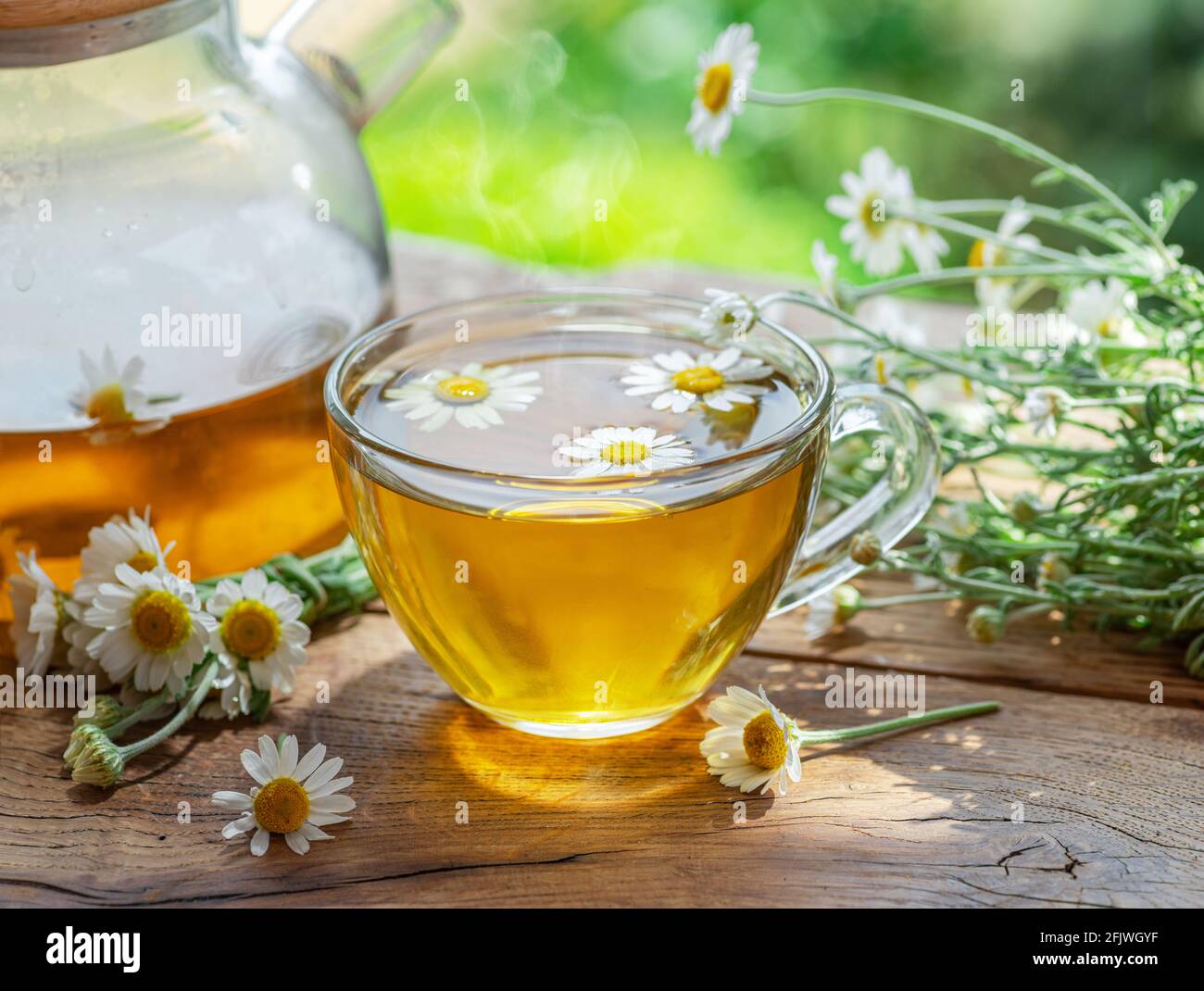Herbal chamomile tea and chamomile flowers near teapot and tea glass