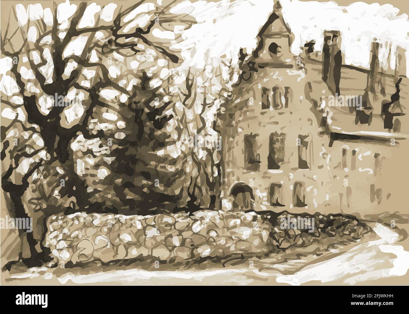 The baron's hunting lodge in Cesvaine, Latvia. Grisaille, monochrome, sepia, sketch. Stock Vector