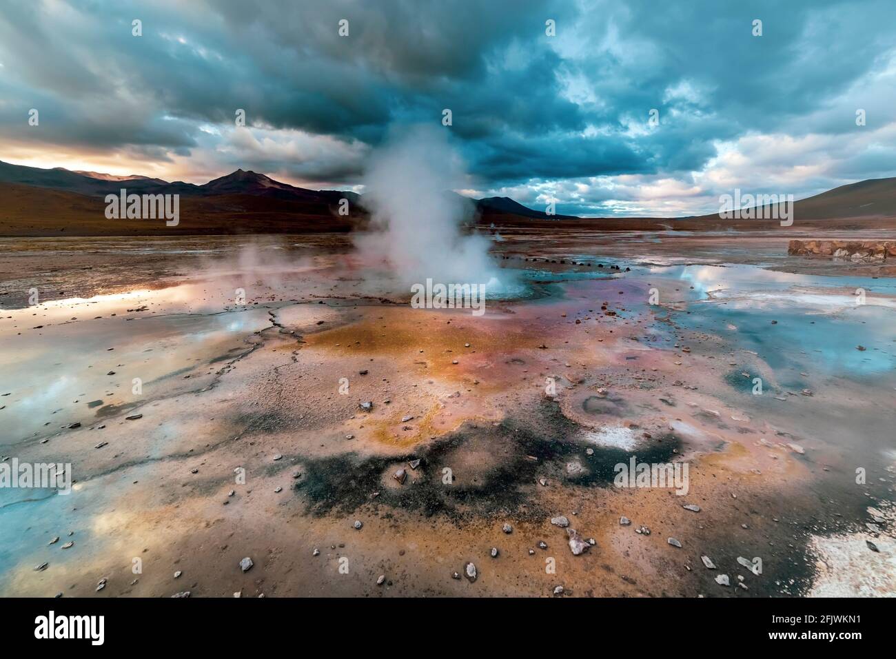 View of El Tatio geysers at sunrise , near San Pedro de Atacama, Chile. Stock Photo