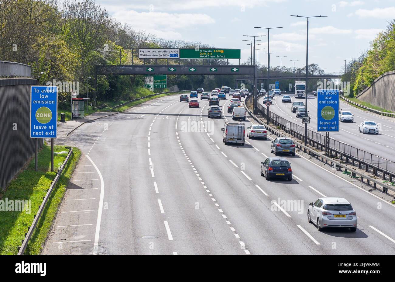 Ultra Low Emission Zone warning sign on the A406 dual carriageway in South Woodford. London Stock Photo