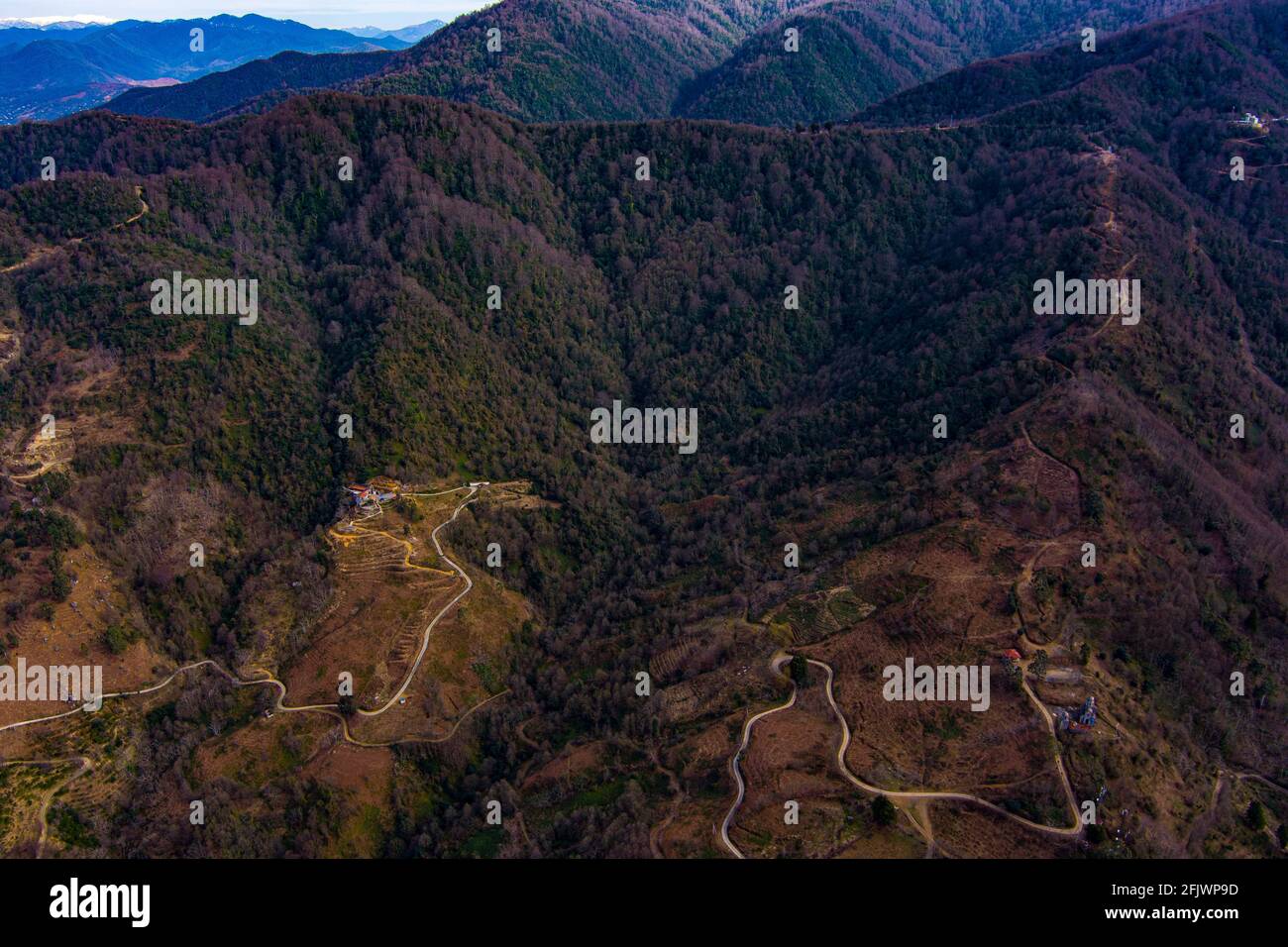Beautiful panoramic view of the village in the mountains by the sea ...