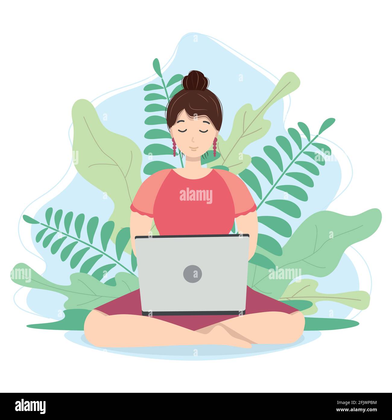Woman with laptop sitting in nature and leaves. Concept illustration for working, freelancing, studying, education, work from home. illustration in fl Stock Vector