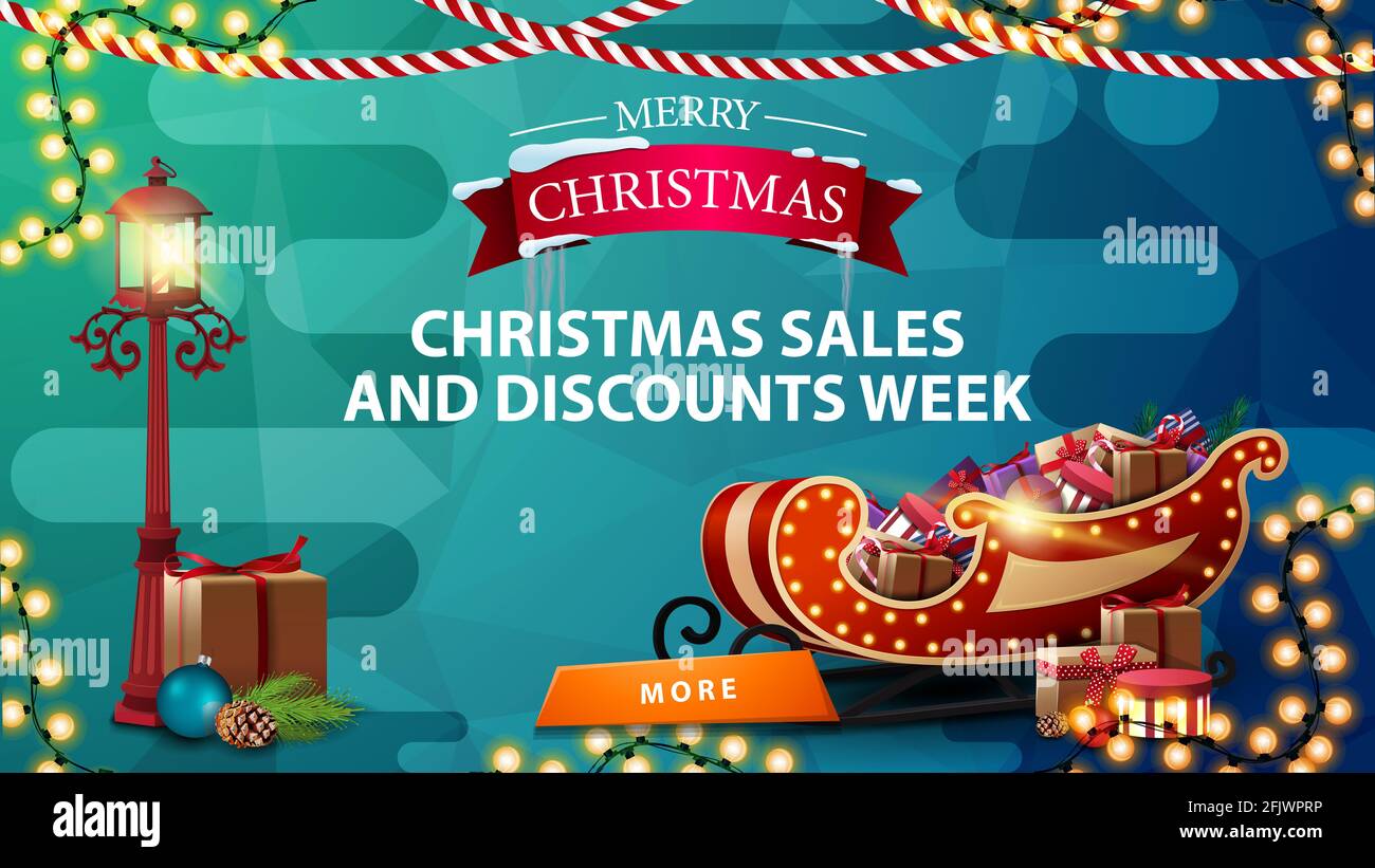 Christmas sales and discount week, blue discount banner with garlands