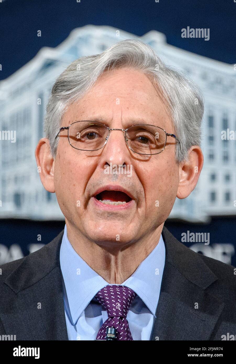 Washington, United States. 26th Apr, 2021. U.S. Attorney General Merrick Garland delivers a statement at the Department of Justice in Washington, DC on Monday, April 26, 2021. Garland announced that the Justice Department will open a civil investigation into the Louisville Metro Police Department. Pool Photo by Mandel Ngan/UPI Credit: UPI/Alamy Live News Stock Photo