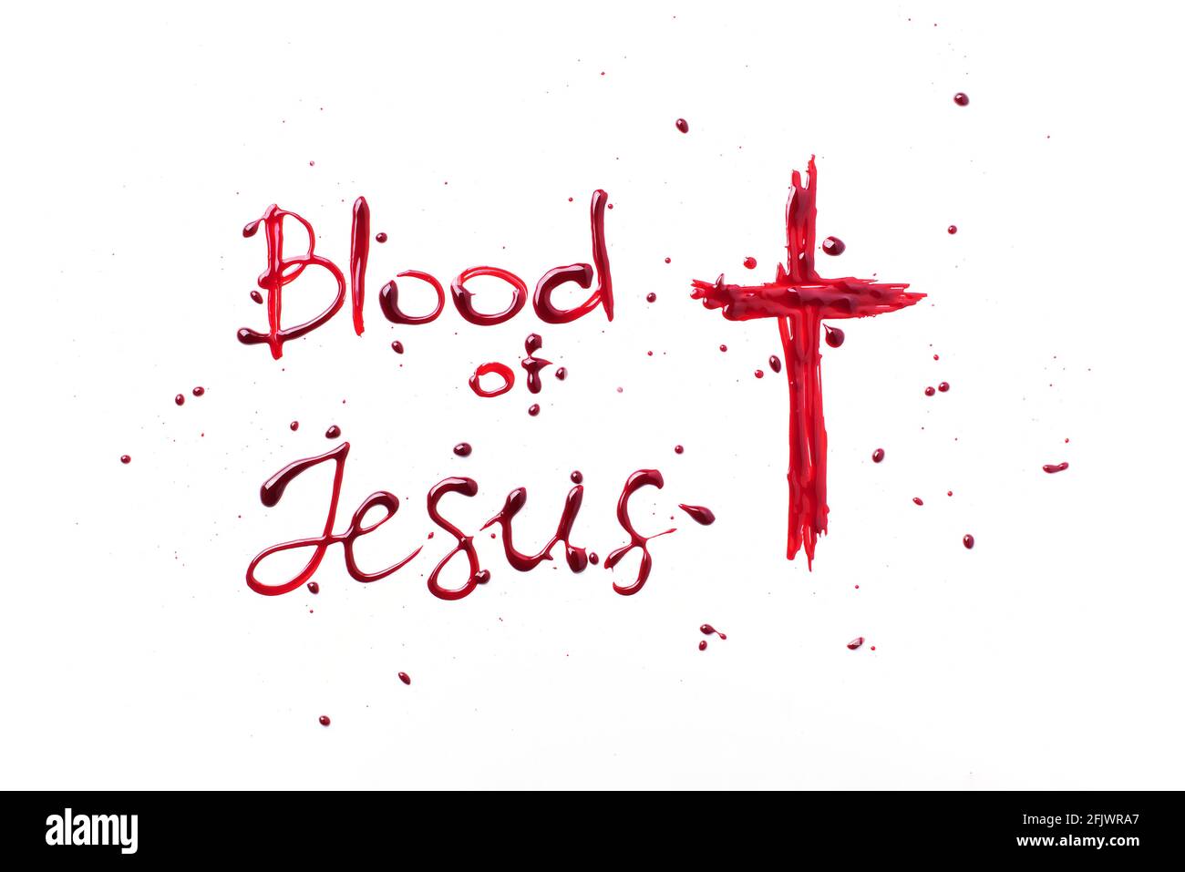 Text Blood of Jesus isolated on white background. Crucifix ox Jesus Christ  made with blood. Top view. Palm Sunday, Good Friday, Easter concept, Christ  Stock Photo - Alamy