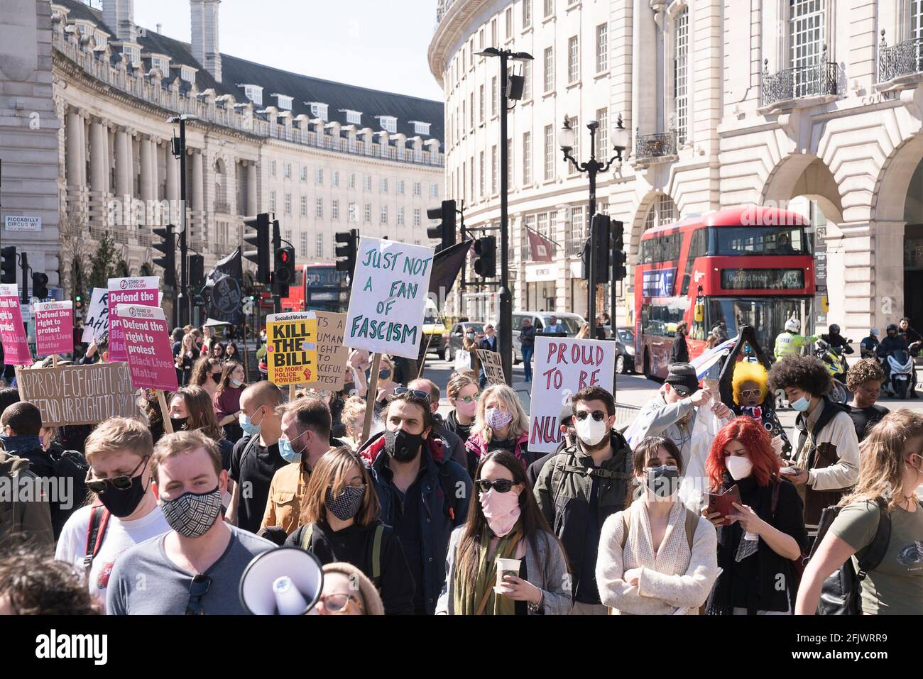 2021, 17th April : Thousands of protesters march and rally in central London against the police, crime, sentencing and courts bill that will restrict the democratic right to protest. Stock Photo