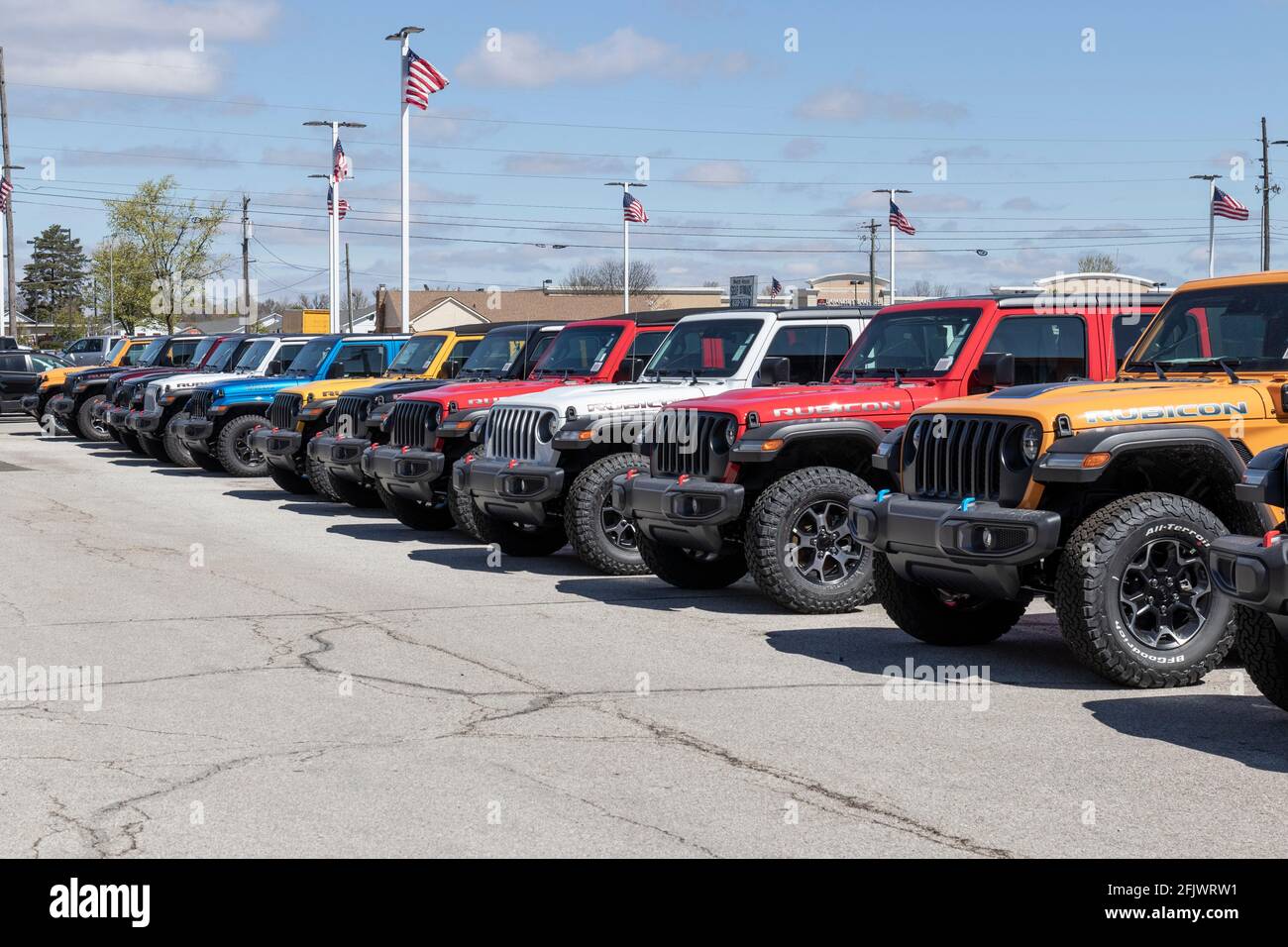 Plainfield Circa April 2021 Jeep Wrangler display at a Chrysler dealership. The Stellantis