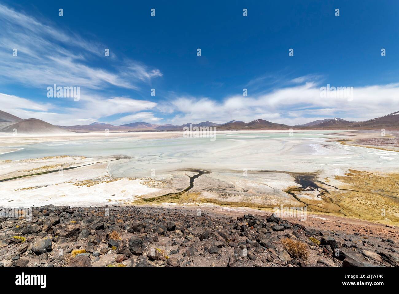 Tuyajto Lagoon on the altiplano in the Atacama Desert in the Antofagasta region of northern Chile, South America. Stock Photo