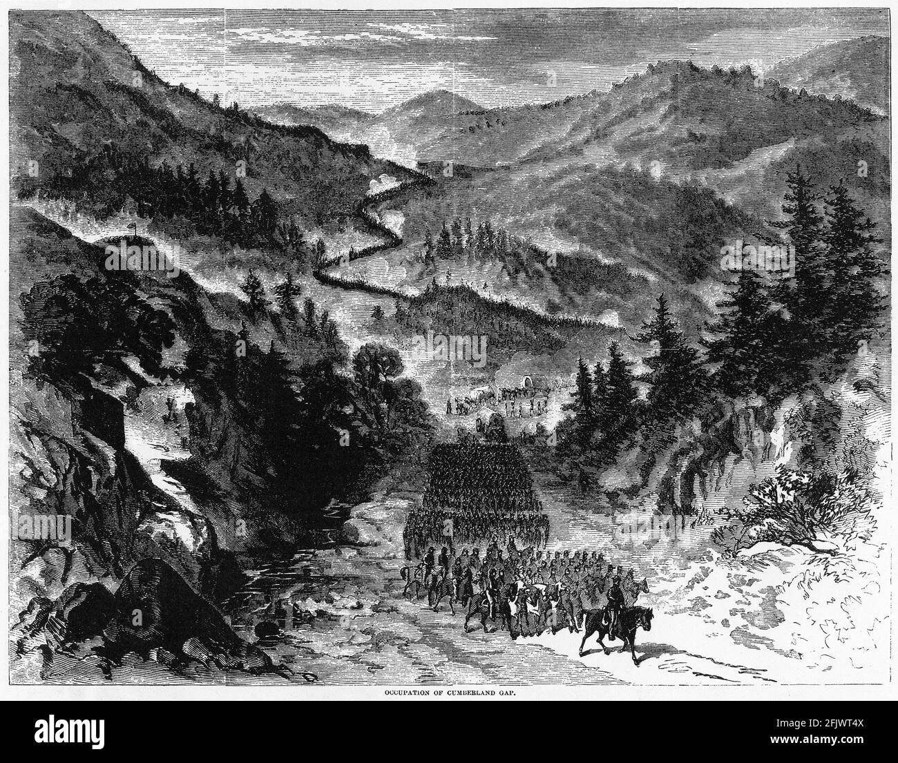 Engraving of the occupation of Cumberland Gap during the American civil war: Stock Photo