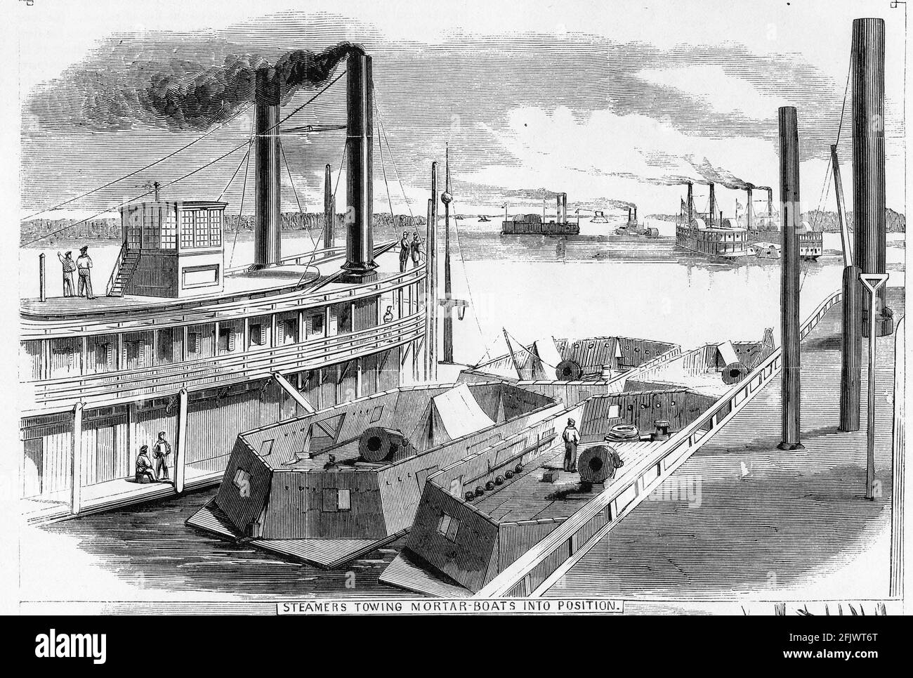 Engraving of steamers towing mortar boats into position during the