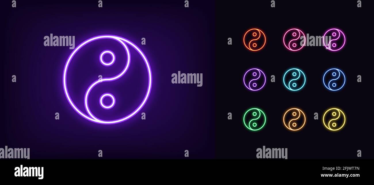 Neon yin yang icon. Glowing neon balance sign, outline yin yang Tao pictogram and silhouette in vivid colors. Balance and harmony, merging of opposite Stock Vector