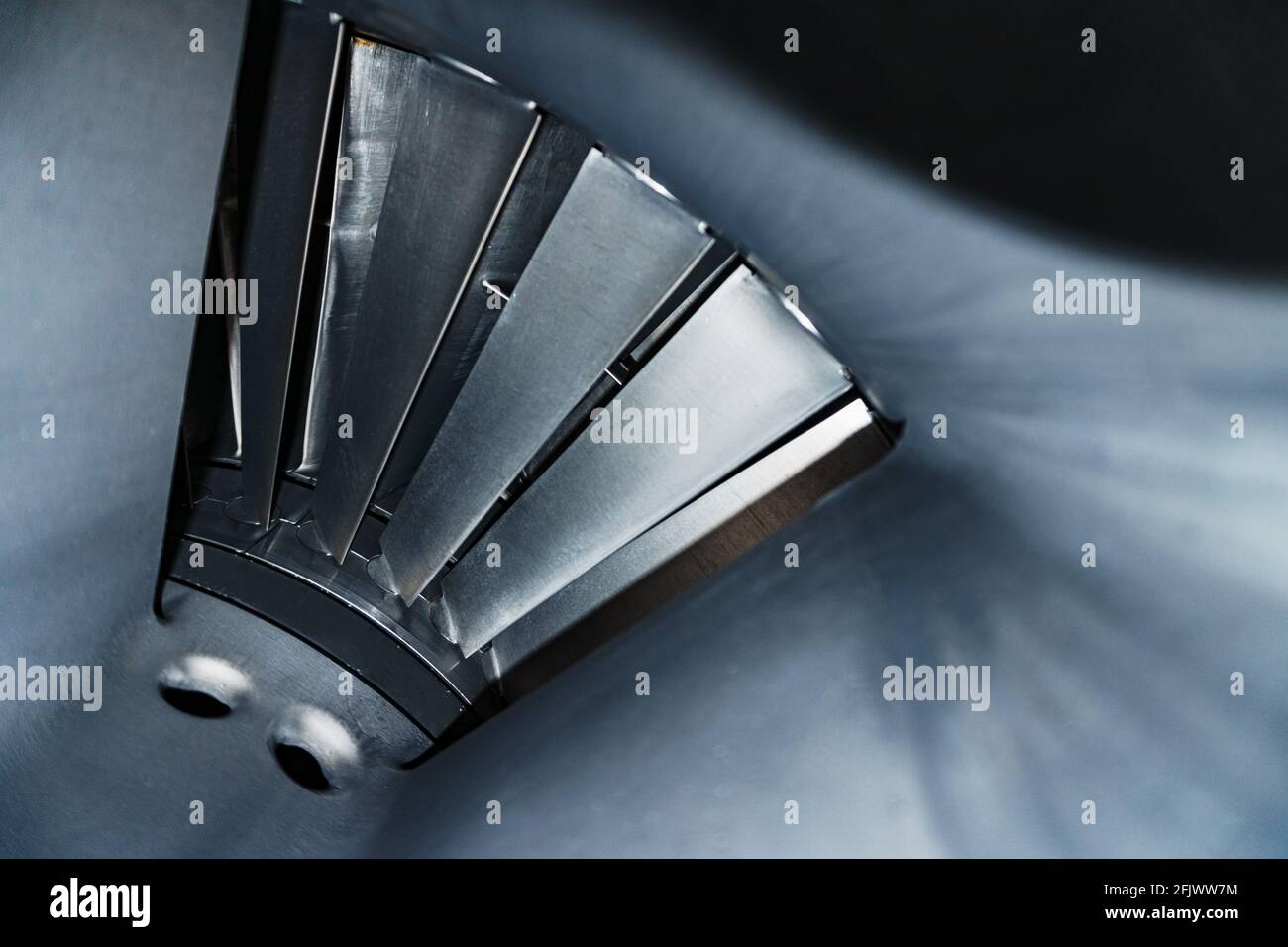 The blades and the flow part inside the gas turbine. Jet engine fan