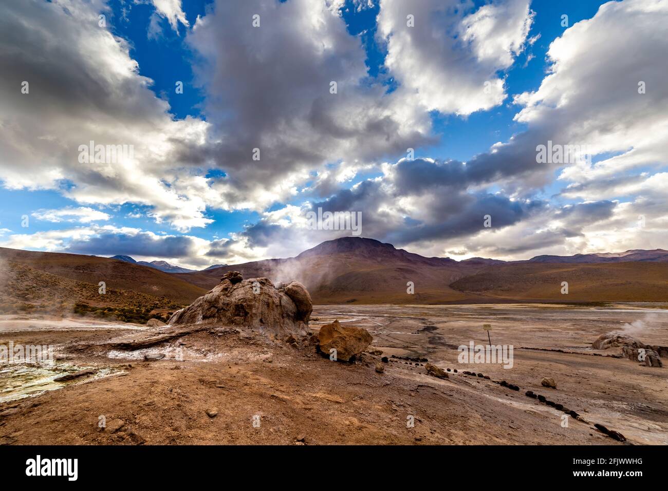 View of El Tatio geysers at sunrise , near San Pedro de Atacama, Chile. Stock Photo
