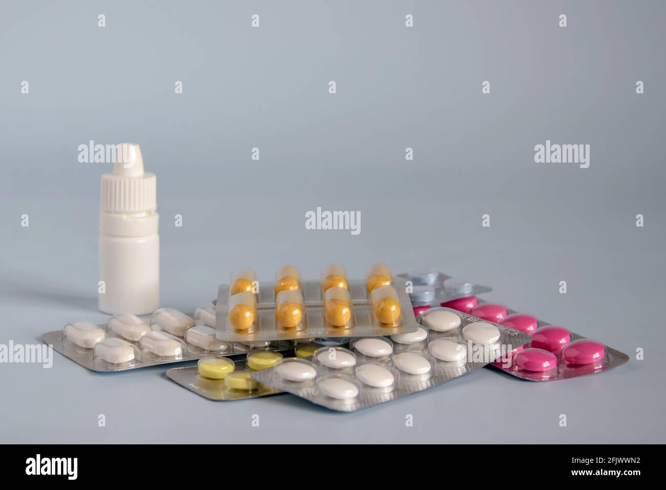 Different medicines tablets and pills in blister pack, medications