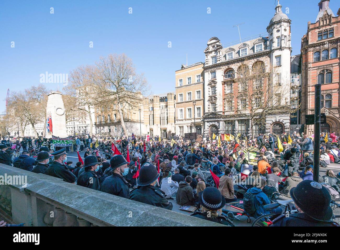 2021, 17th April : Thousands of protesters march and rally in central London against the police, crime, sentencing and courts bill that will restrict the democratic right to protest. Stock Photo