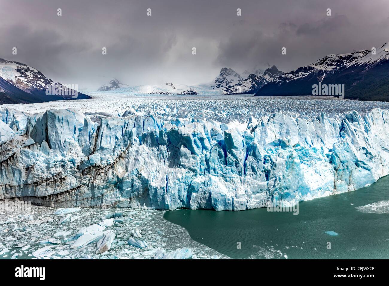 Amazing view of Perito Moreno glacier, blue ice burg glacier in Los Glaciares National Park, Santa Cruz, southern Patagonia, Argentina, South America. Stock Photo