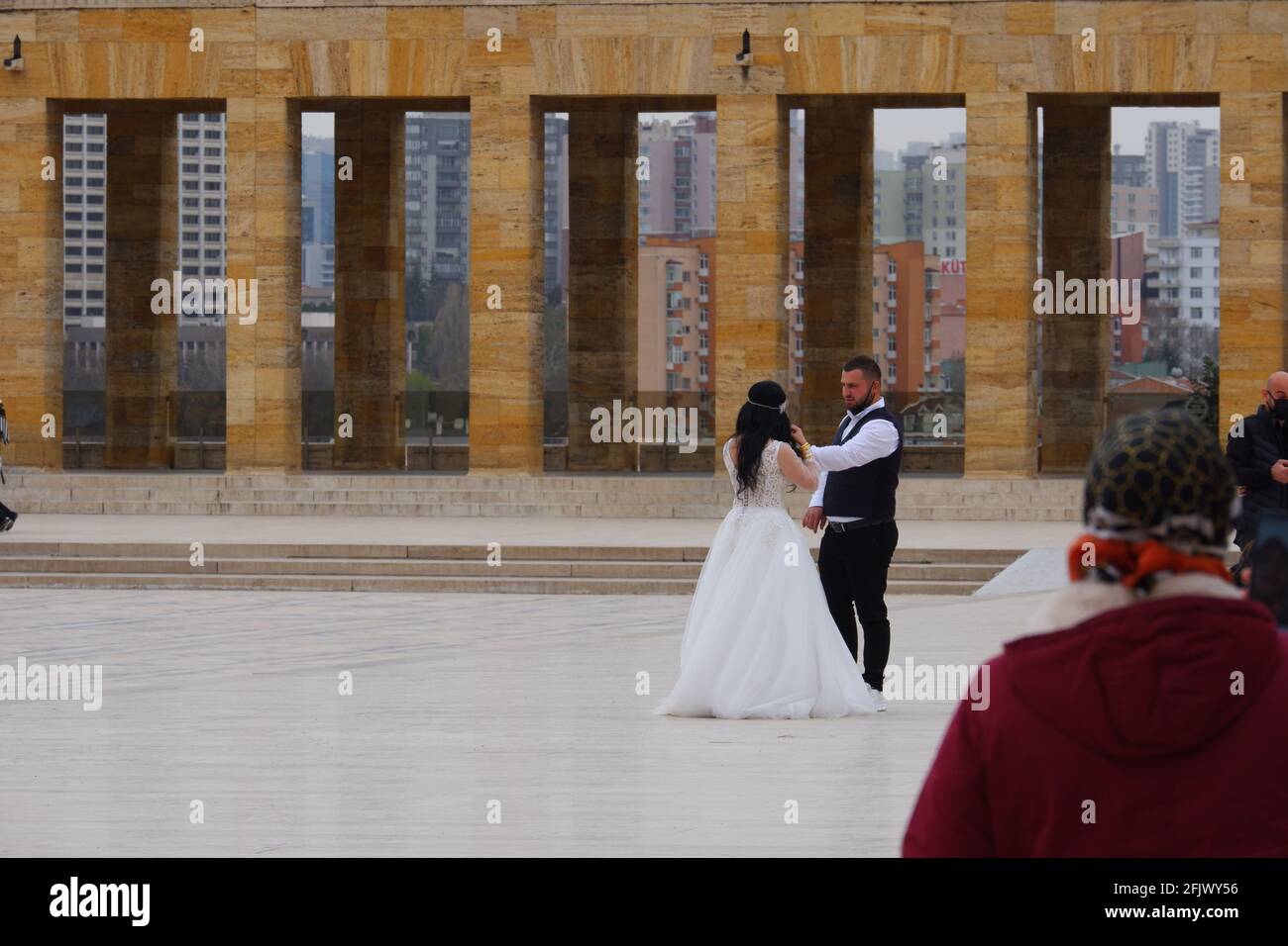 Marrying Couple with Wedding Dress and Suit for Wedding Photography at Anıtkabir (Atatürk's Mausoleum) - Ankara Stock Photo