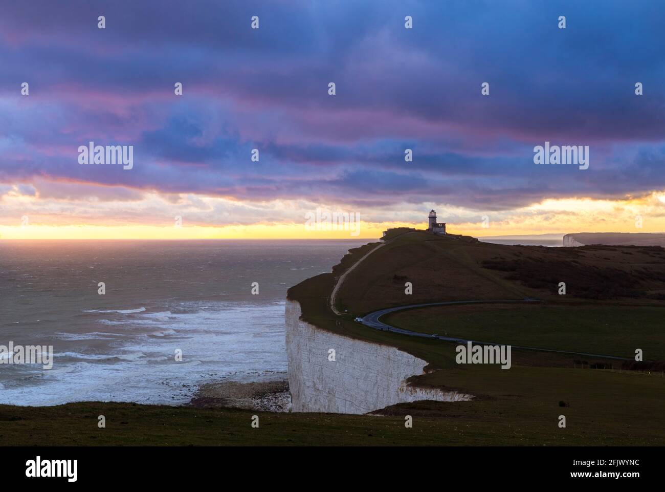 View of the Belle Tout lighthouse at sunset. Beachy Head, Eastbourne, East Sussex, southern England, United Kingdom. Stock Photo