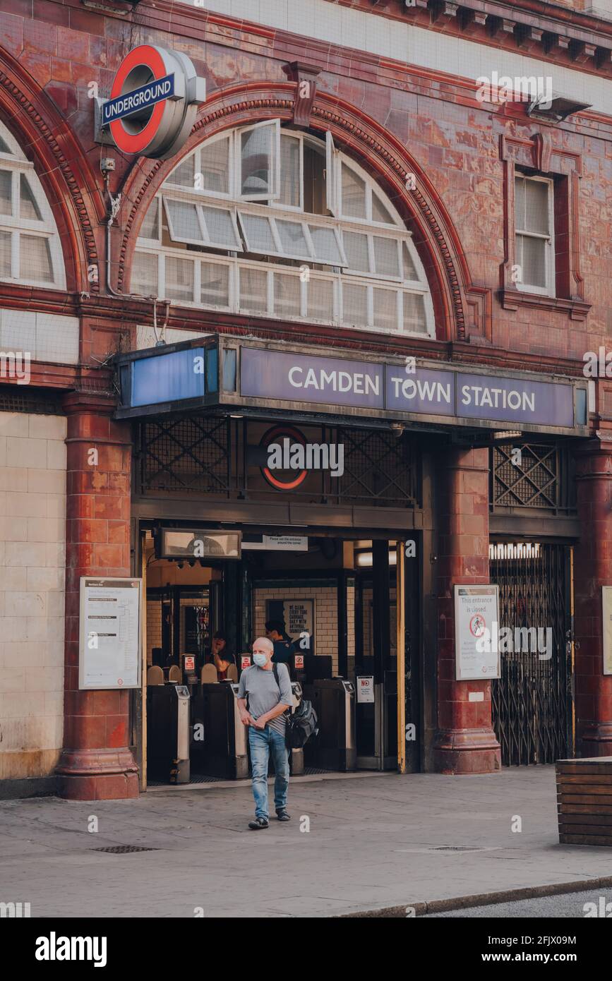 London, UK - August 12, 2020: View of Camden Town Underground station, a major junction for Northern Line where the Edgware and High Barnet branches m Stock Photo