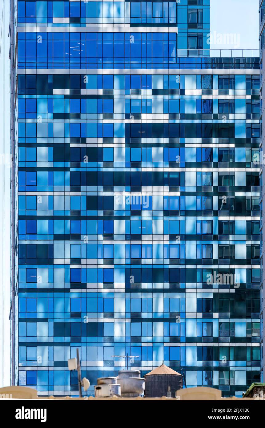 AVA DoBro, has a bold pattern of blue and black with white accents; the Downtown Brooklyn apartment tower is at 100 Willoughby Street. Stock Photo