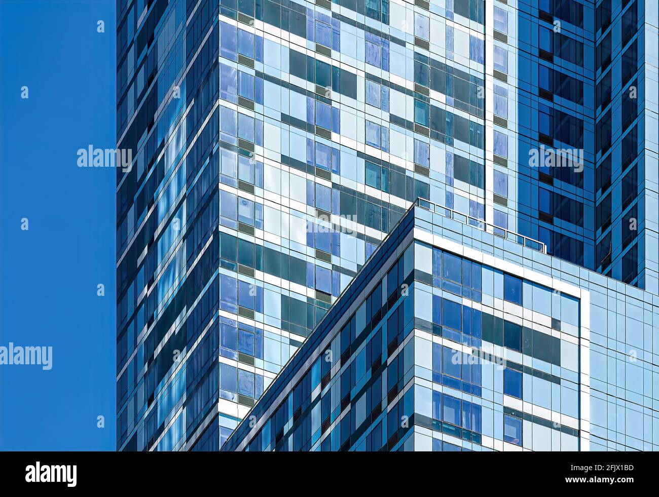 AVA DoBro, has a bold pattern of blue and black with white accents; the Downtown Brooklyn apartment tower is at 100 Willoughby Street. Stock Photo