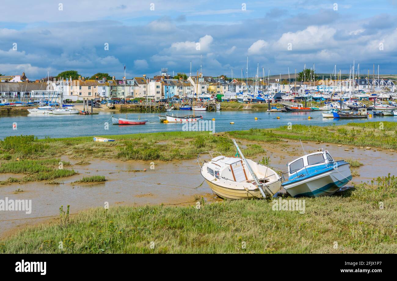 Boats on the River Adur at low tide in Shoreham by Sea, West Sussex, England, UK. Stock Photo