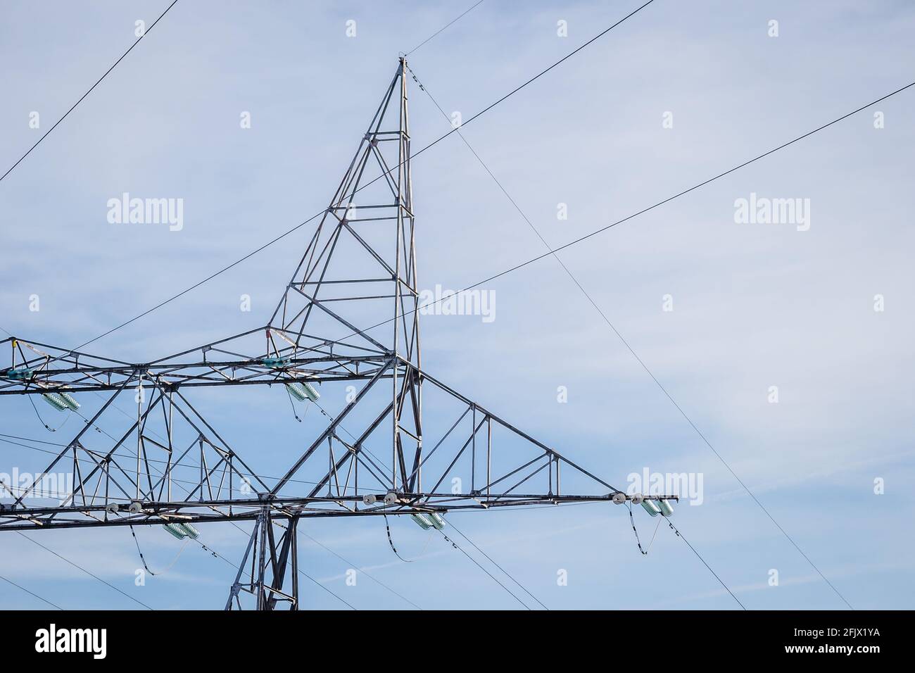 high-voltage power lines. electricity distribution station. high voltage electric transmission tower. Stock Photo