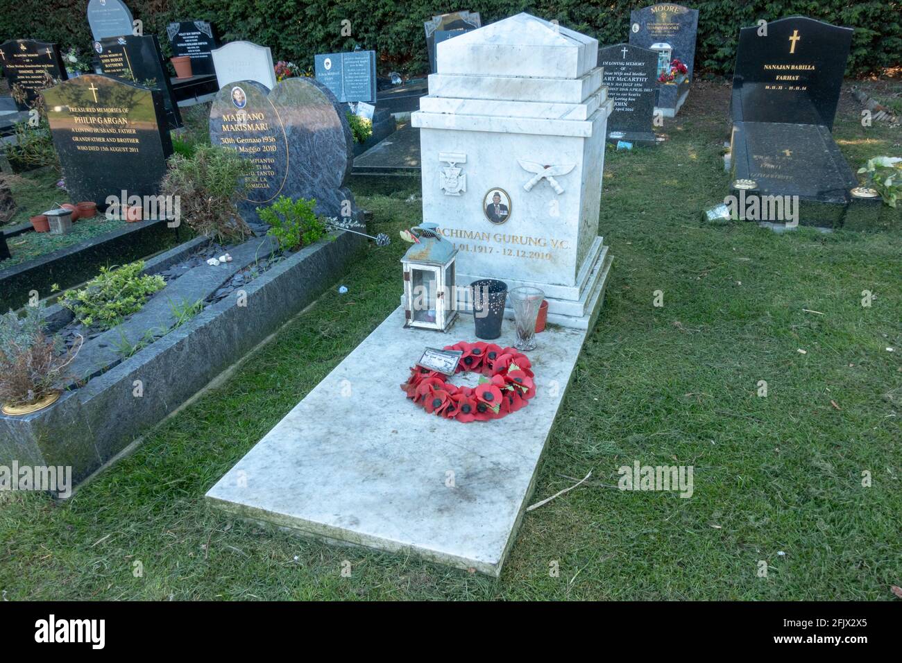 Grave of Sgt Lachhiman Gurung VC, a WWII veteran from Nepal, Chiswick Cemetery, Staveley Gardens, London, UK. Stock Photo