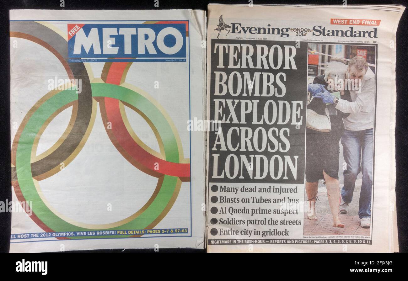 Newspapers published on 7th July 2005, the morning Metro before terrorist attacks and then the Evening Standard after the bombings. (SEE NOTES) Stock Photo
