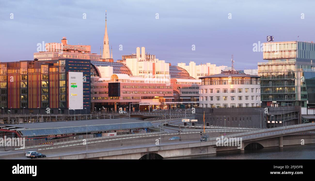 Panoramic view of Norrmalm, Stockholm, from Barnhusbron bridge during a spring sunset Stock Photo