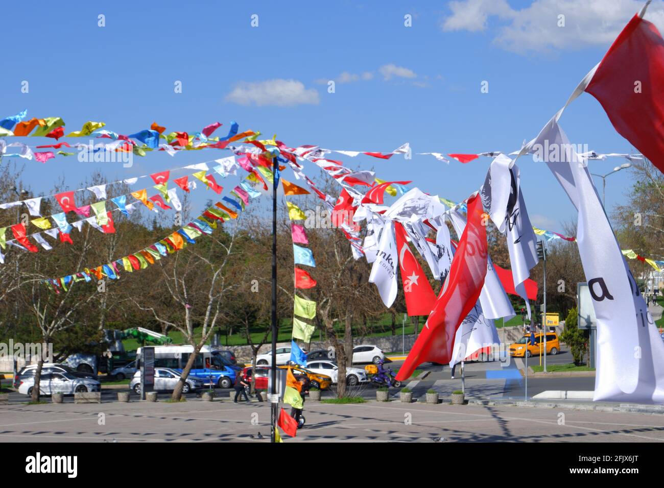 Flags and Banners at Anitpark Cankaya/Ankara,  Decorated for national holiday Stock Photo