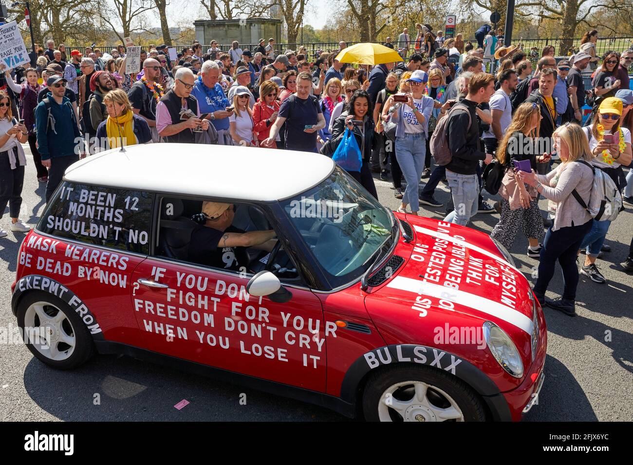 London, UK - 24 Apr 2021: A demonstrator uses his car ro send a message during a protest in central London calling for a lifting of all coronavirus restrictions. Stock Photo