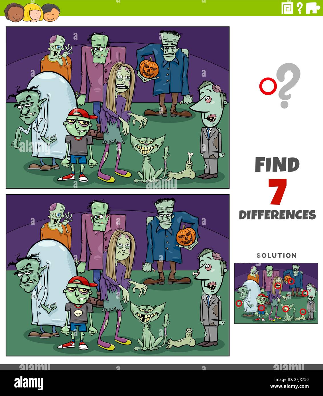 Cartoon illustration of finding the differences between pictures educational game for children with comic zombie characters Stock Vector
