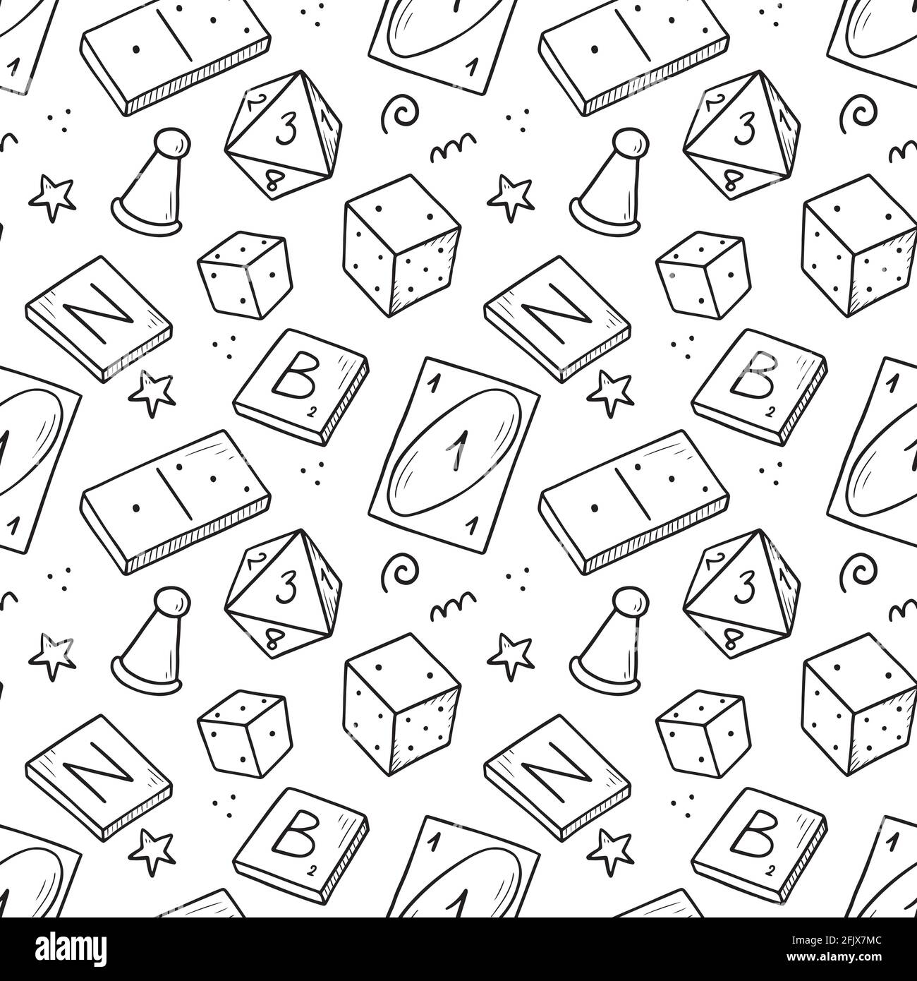 Hand drawn seamless pattern of board game element, cards, chess, hourglass, chips, dice, dominoes. Doodle sketch style. Isolated vector illustration for for board game shop, store. Stock Vector
