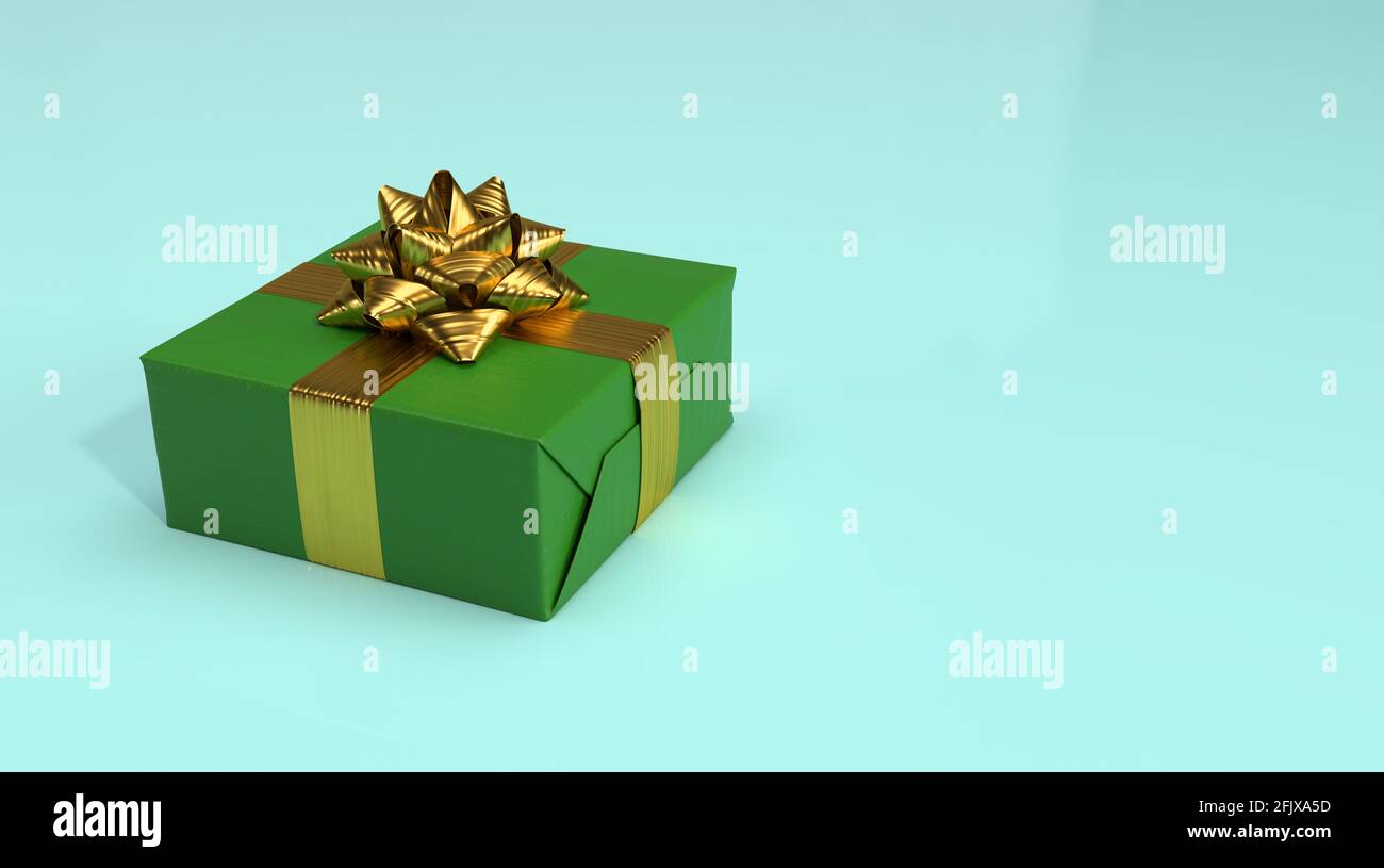 Green present box with golden bow and cyan background 3D-Rendering Stock Photo