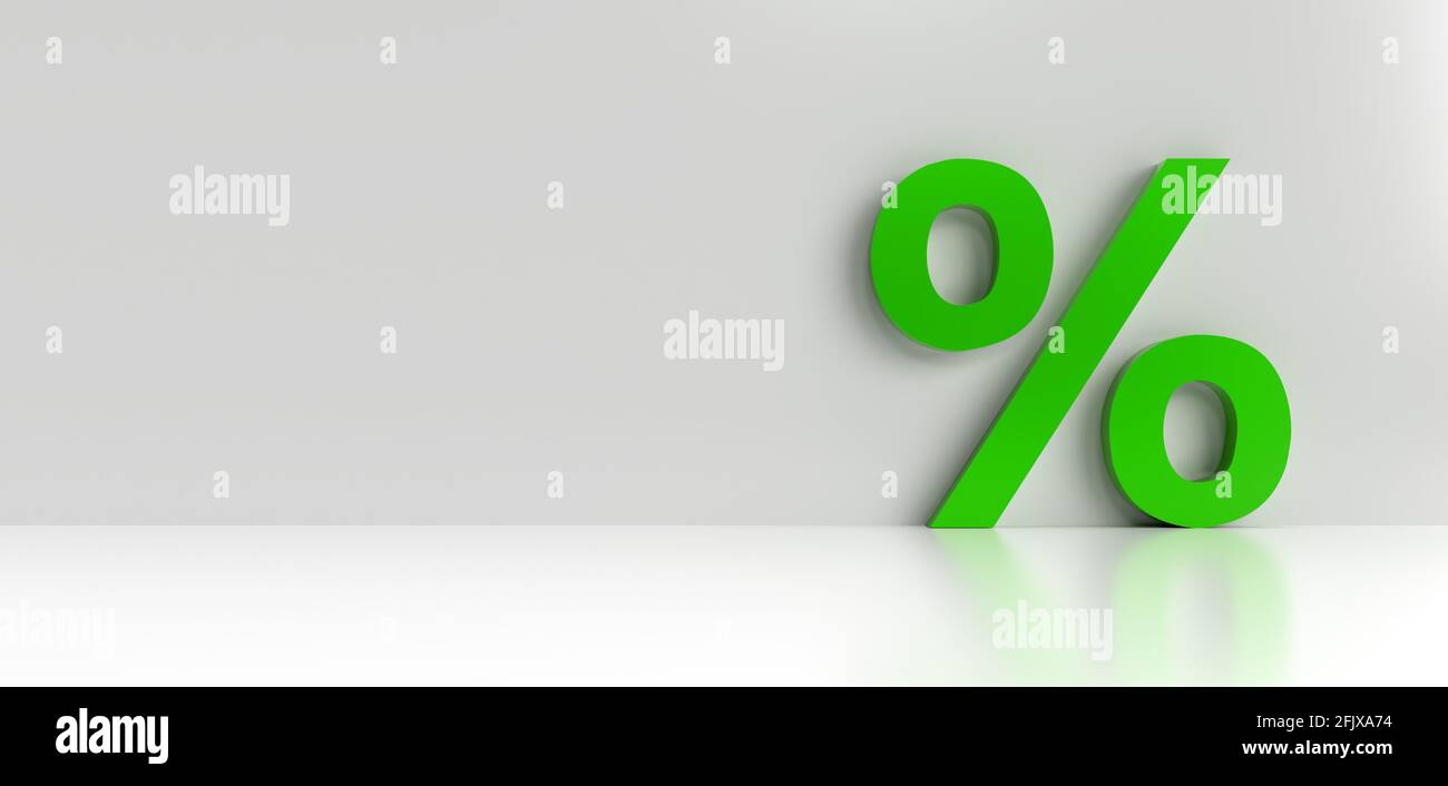 Percent and discount green symbol on white room wall for sales and reduced prices action 3D rendering Stock Photo