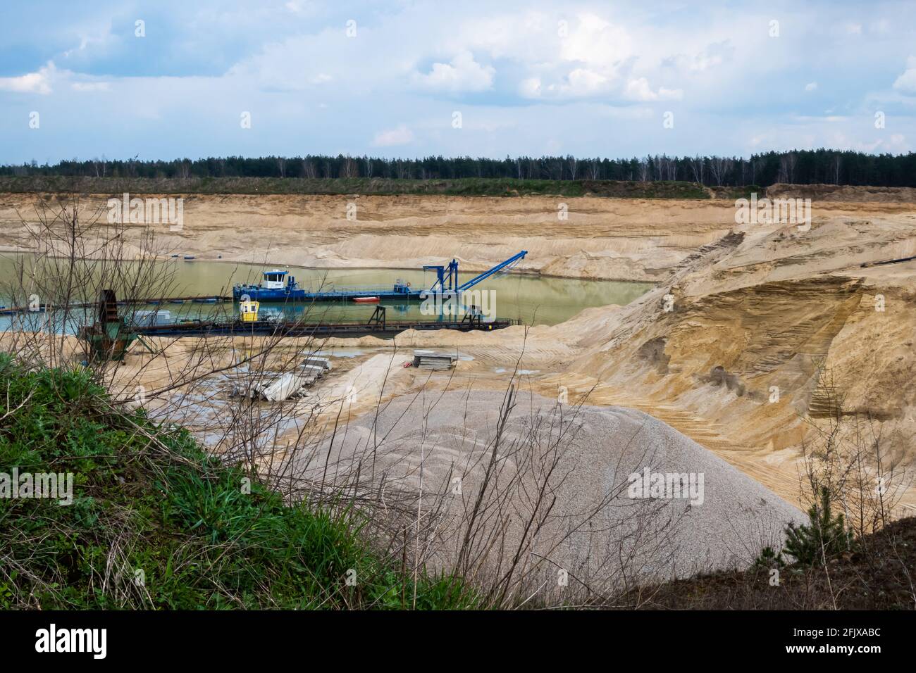 View of the production facility in the sand mine. Made on a sunny day. Stock Photo