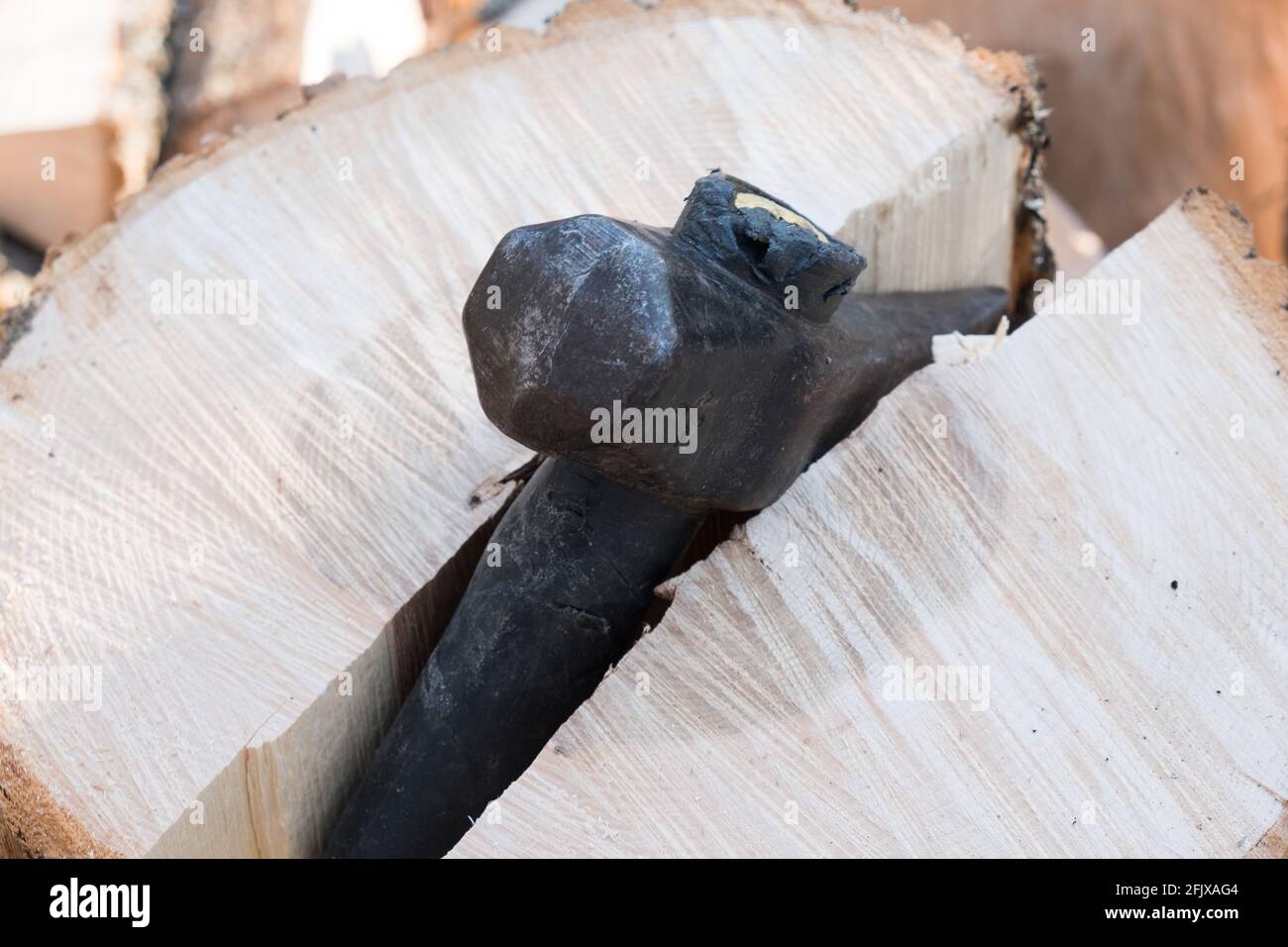 Eastern white ash tree being cut up and split for fire wood in Vermont, New England, USA. Stock Photo