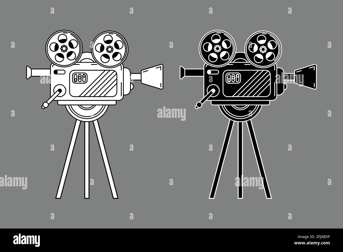 Film camera old-fashioned retro vintage icon logo black white outline Stock Vector