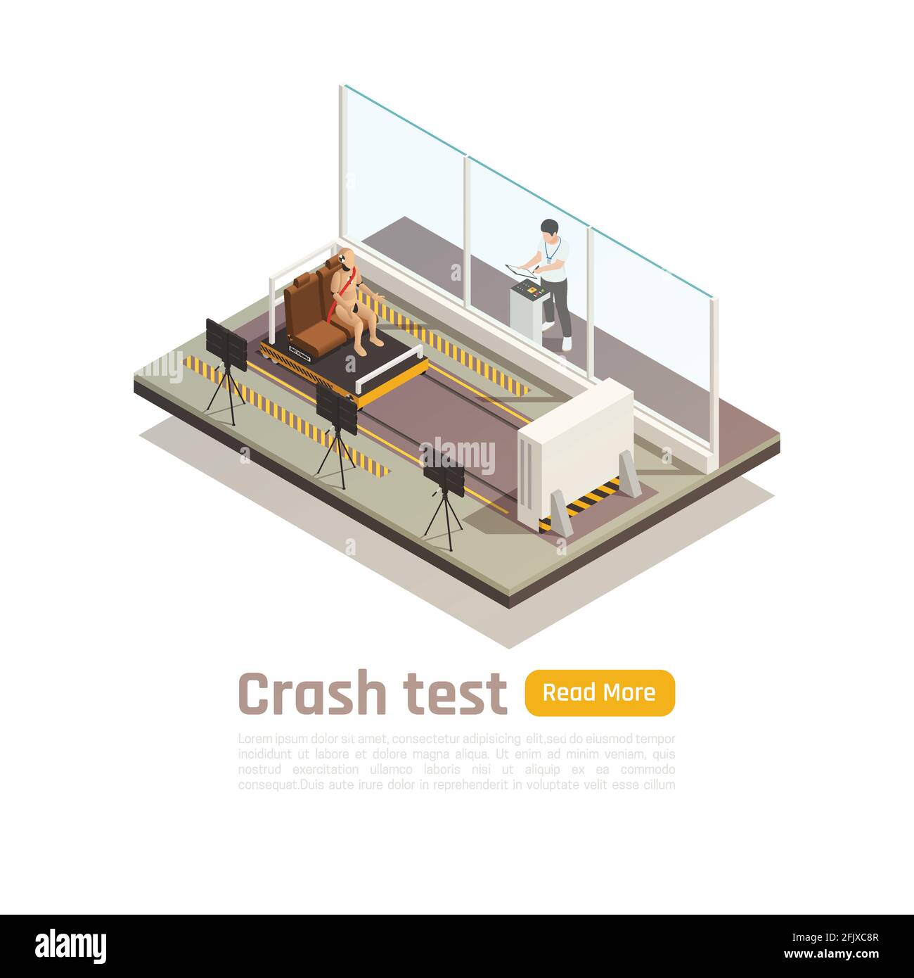 Crash test car safety isometric composition with read more button text
