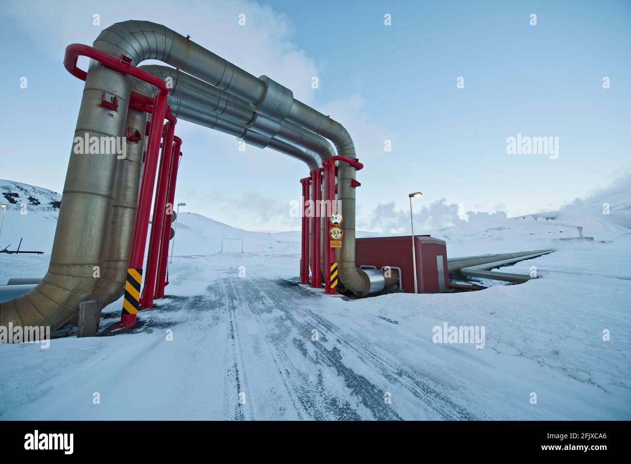 steam pipes at a geothermal power-plant in North Iceland Stock Photo