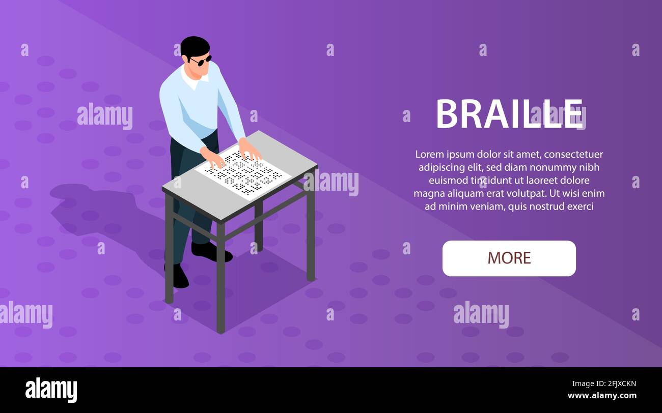 Blind man reading braille through touch isometric horizontal banner
