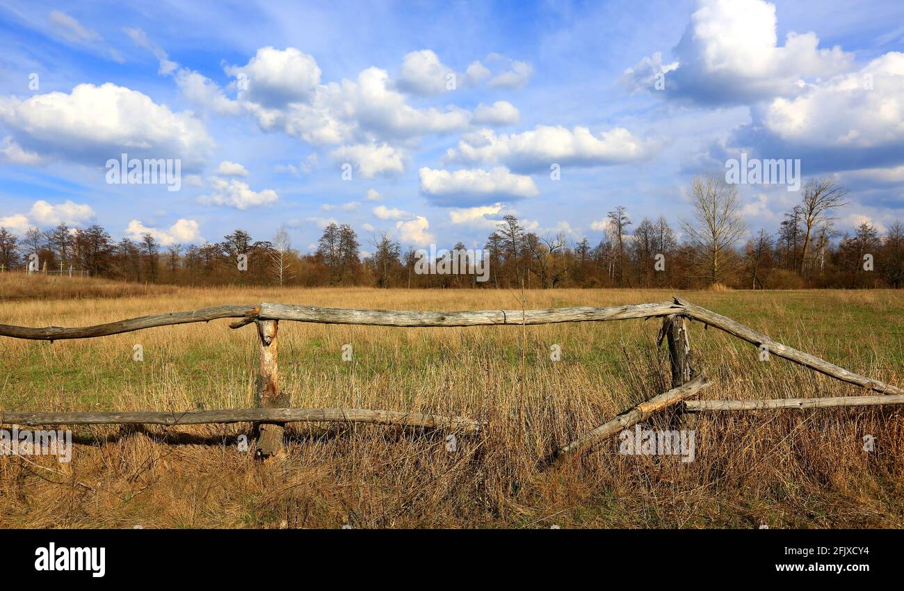 Landscape with old broken wooden fence on dry pasture Stock Photo