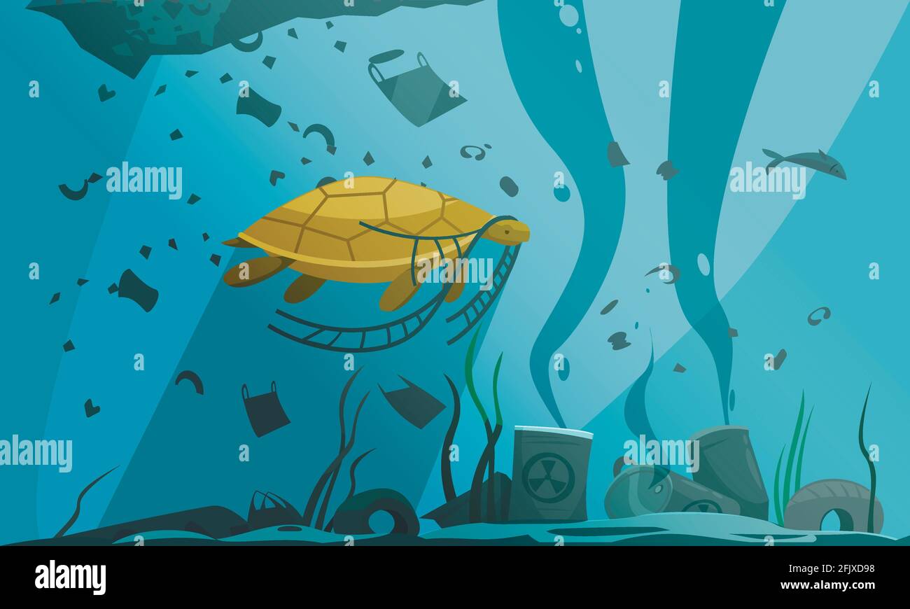 Nature water pollution composition with underwater scenery and turtle ...