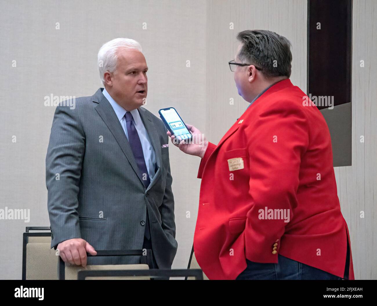 Matt Schlapp the chairman of the American conservative union is interviewed by radio talk show host John Whitmer at the annual Kansas State Republican Convention Stock Photo