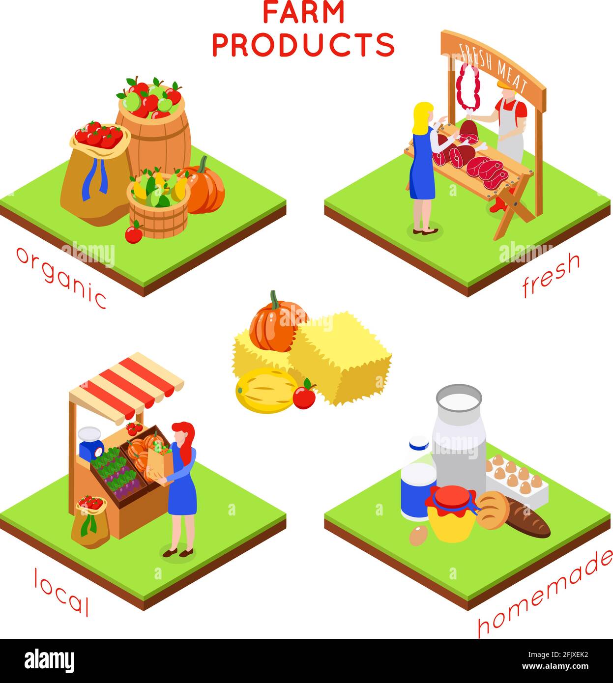 Farm local market isometric 4x1 design concept with compositions of ...
