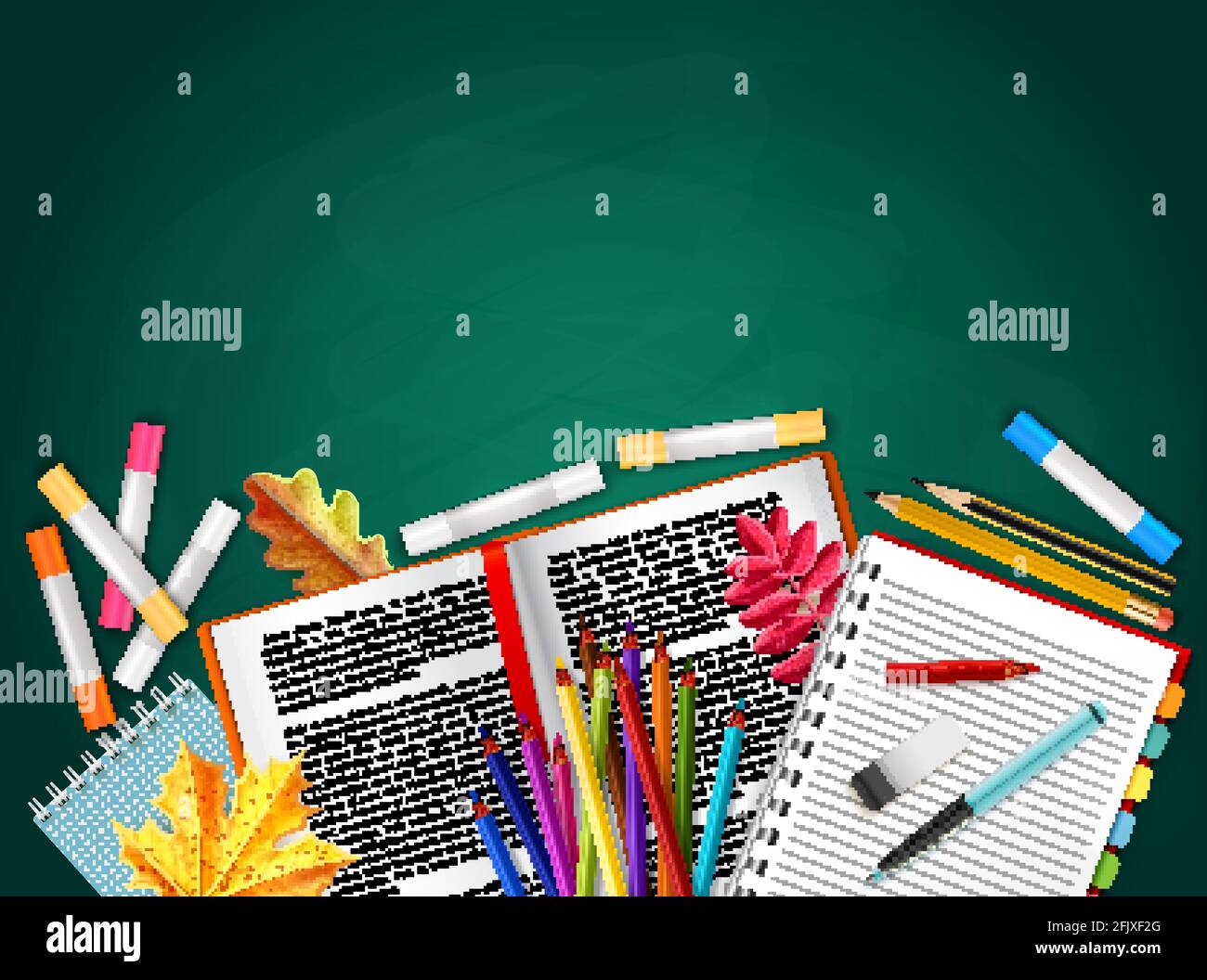 Back to school realistic background with books pencils crayons autumn ...